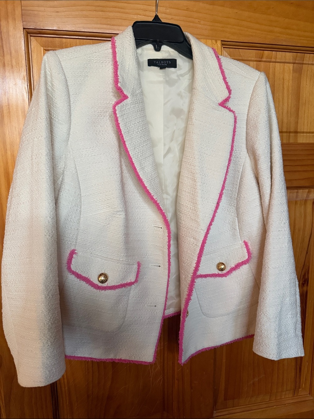 Talbots Cream Bouclé Blazer with Pink Trim